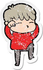 distressed sticker of a cartoon curious boy