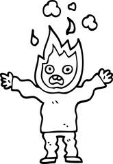 line drawing cartoon man with head on fire