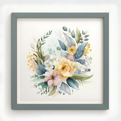 watercolor flowers bouquet frame. floral illustration, Leaf, and buds. Botanic composition for greeting cards. branch of flowers