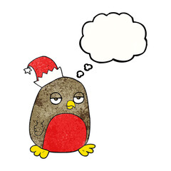 thought bubble textured cartoon christmas robin wearing santa hat