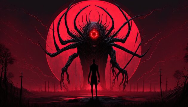 a man facing scary alien creature in red and black sci-fi fantasy tone color, Generative Ai