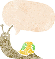 cute cartoon snail and speech bubble in retro textured style