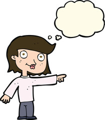 cartoon pointing person with thought bubble