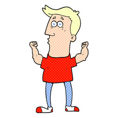 cartoon surprised man flexing biceps