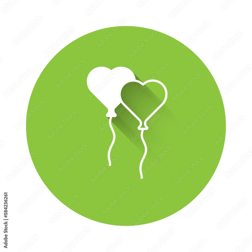Poster white balloons in form of heart with ribbon icon isolated with long shadow background. valentines da