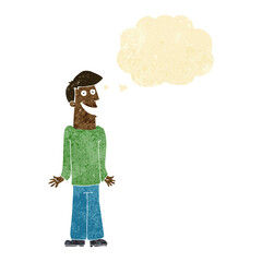 cartoon man shrugging shoulders with thought bubble