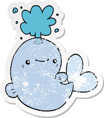 distressed sticker of a cartoon whale spouting water