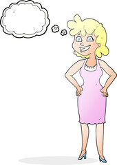 thought bubble cartoon happy woman wearing dress