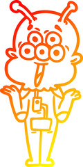 warm gradient line drawing happy cartoon alien shrugging shoulders