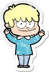 distressed sticker of a happy cartoon man