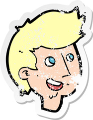 retro distressed sticker of a cartoon happy boy face