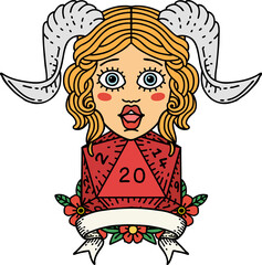 tiefling with natural twenty dice roll illustration