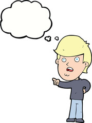 cartoon shocked man pointing with thought bubble