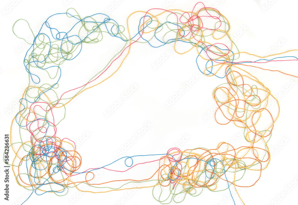 Wall mural tangled colorful cotton threads isolated on white background. abstract thread lines chaos pattern.
