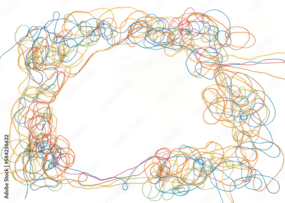 Wall mural tangled colorful cotton threads isolated on white background. abstract thread lines chaos pattern.