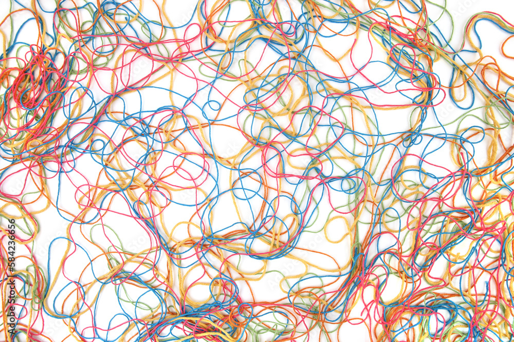 Wall mural tangled colorful cotton threads isolated on white background. abstract thread lines chaos pattern.