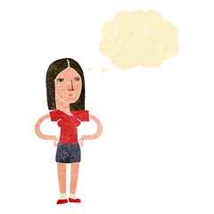 cartoon woman with hands on hips with thought bubble