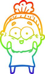 rainbow gradient line drawing cartoon happy old woman