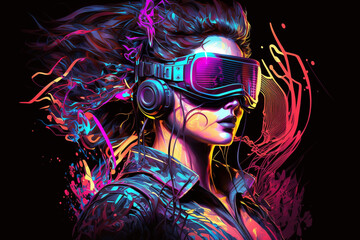 Neon, sci-fi, cyberpunk, high-tech futuristic woman in virtual reality glasses in metaverse. Illustration