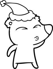 line drawing of a whistling bear wearing santa hat