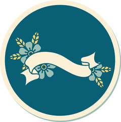 tattoo style sticker of a banner and flowers