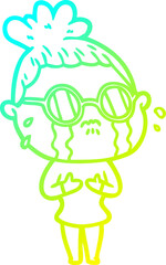 cold gradient line drawing cartoon crying woman wearing dark glasses