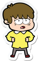 sticker of a cartoon exhausted boy