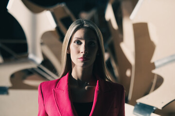 Wunerschöne Frau im Pink Rosa Anzug im Futuristisch Zukunft Technologie Gewölbe Berlin Deutschland