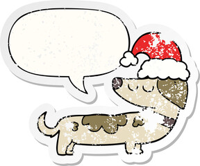 cartoon dog wearing christmas hat and speech bubble distressed sticker