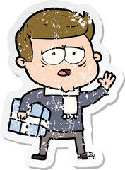 distressed sticker of a cartoon tired man