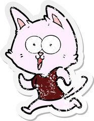 distressed sticker of a funny cartoon cat jogging