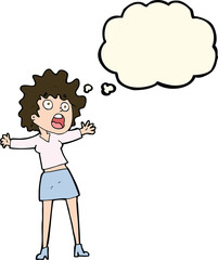 cartoon frightened woman with thought bubble