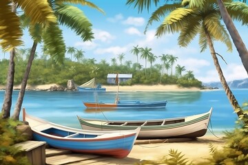 Fototapeta na wymiar boats on the beach among the palm trees
