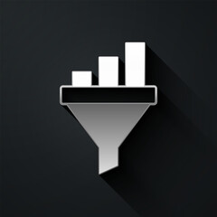 Silver Sales funnel with chart for marketing and startup business icon isolated on black background. Infographic template. Long shadow style. Vector