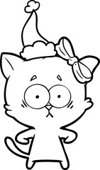 line drawing of a cat wearing santa hat