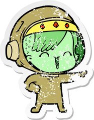 distressed sticker of a happy cartoon space girl