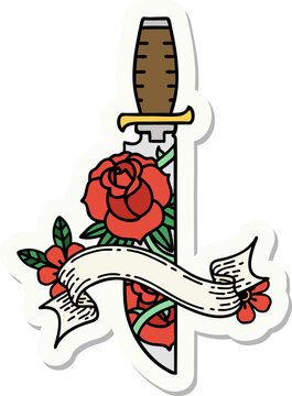 tattoo sticker with banner of a dagger and flowers
