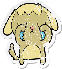 distressed sticker of a cute cartoon dog crying