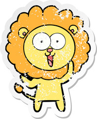 distressed sticker of a happy cartoon lion
