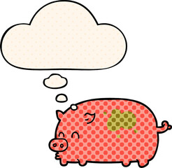 cute cartoon pig and thought bubble in comic book style