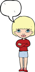 cartoon woman with folded arms with speech bubble
