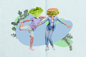 Collage photo advertisement of headless two youngsters dancing unhealthy junk food burger fresh...