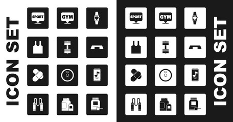 Set Smartwatch, Dumbbell, Sleeveless T-shirt, Location gym, Step platform, Music player and Sports nutrition icon. Vector