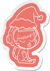 cartoon  sticker of a pretty astronaut girl sitting waiting wearing santa hat