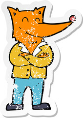 retro distressed sticker of a cartoon fox in shirt