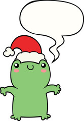 Obraz premium cute cartoon frog wearing christmas hat and speech bubble