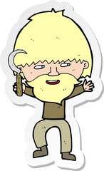 sticker of a cartoon peasant with sycle