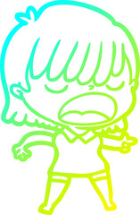cold gradient line drawing cartoon woman talking loudly