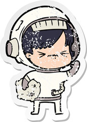 distressed sticker of a angry cartoon space girl