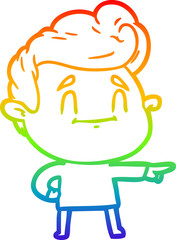 rainbow gradient line drawing happy cartoon man pointing
